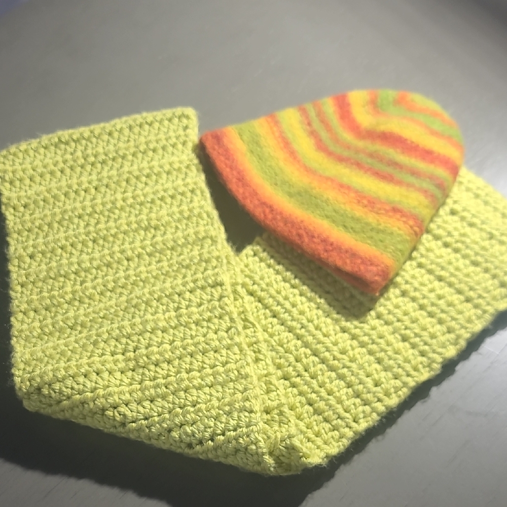 Neon Lime Handmade Crochet Scarf with Striped Felted Orange & Lime Beanie